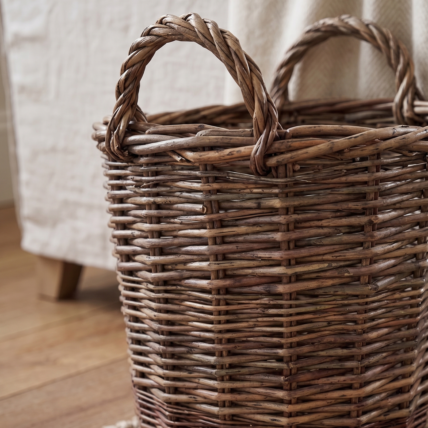 Woven basket on a wooden floor with a textured rug and light-colored fabric in the background