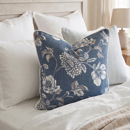 Floral patterned blue pillow on a bed with white bedding