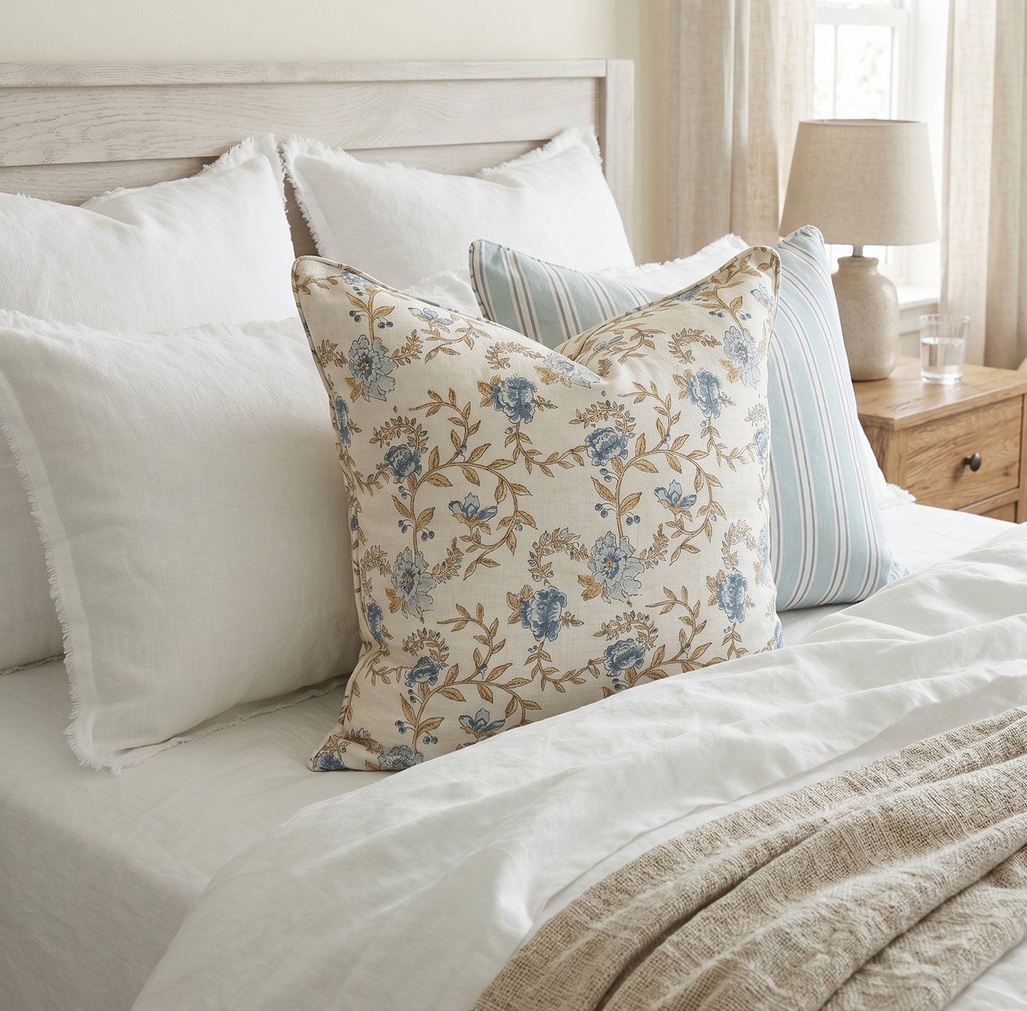 Imperial Blue Bloom Block Printed Linen Cushion 55cm x 55cm