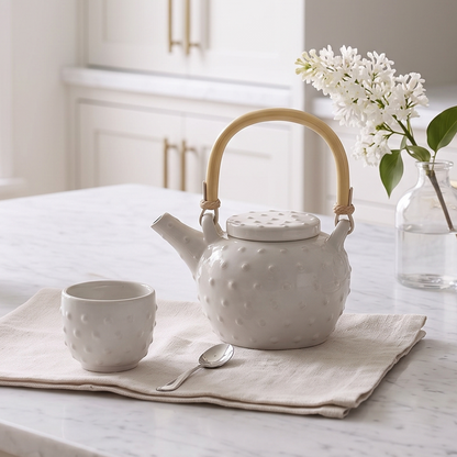 A white textured ceramic teapot with a light wood handle sits on a marble countertop next to a matching cup and spoon on a beige cloth. The scene is set in a bright, modern kitchen with white cabinets, a window, and a vase of white flowers.