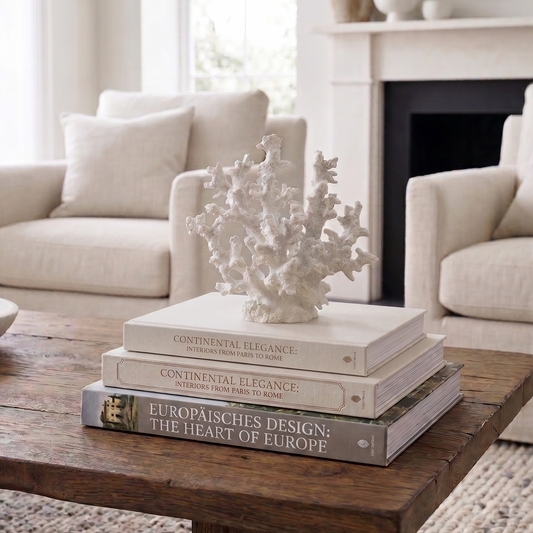 Decorative coral sculpture on books on a wooden coffee table in a living room.