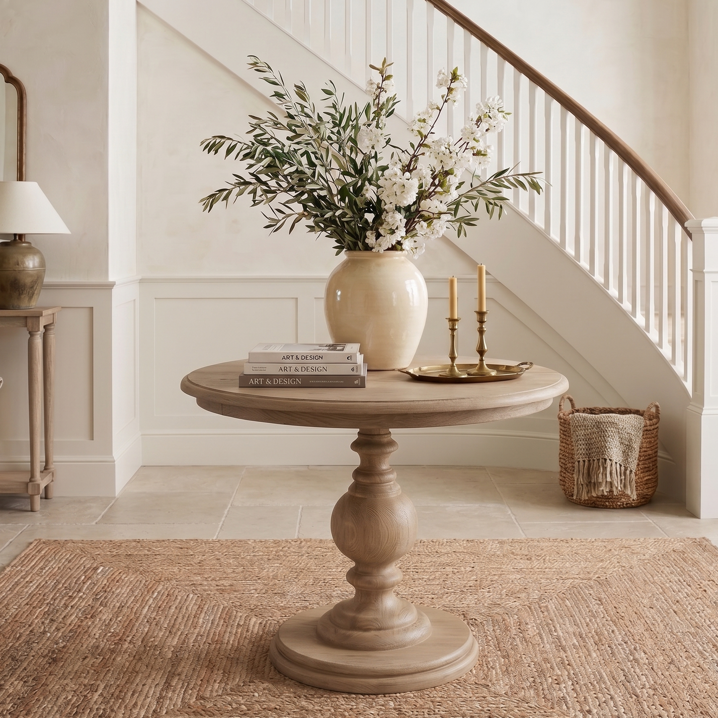 Round wooden table with a vase of flowers and candles in a home interior setting.