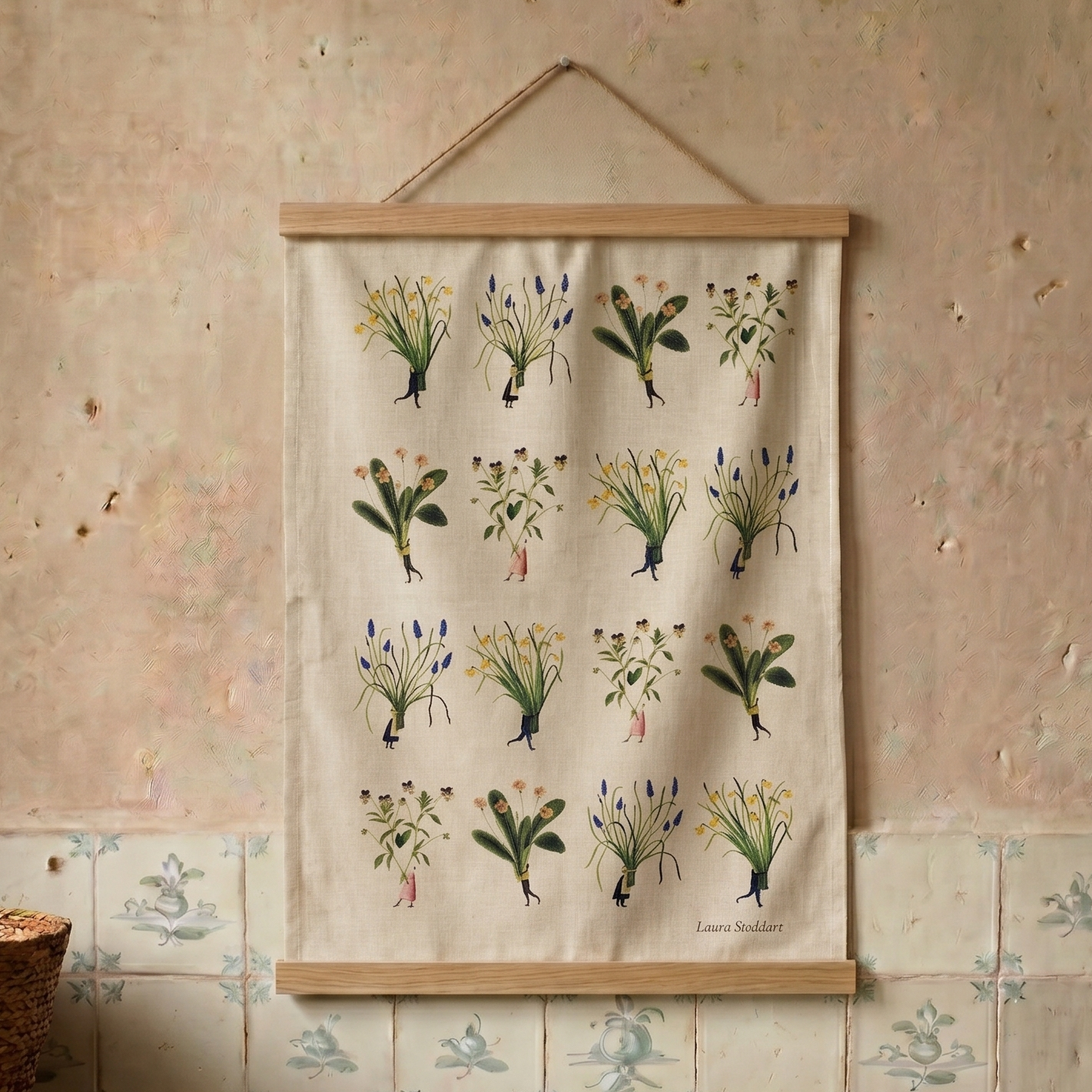 Floral chart hanging on a wall with rustic decor elements