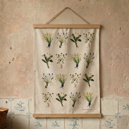 Floral chart hanging on a wall with rustic decor elements