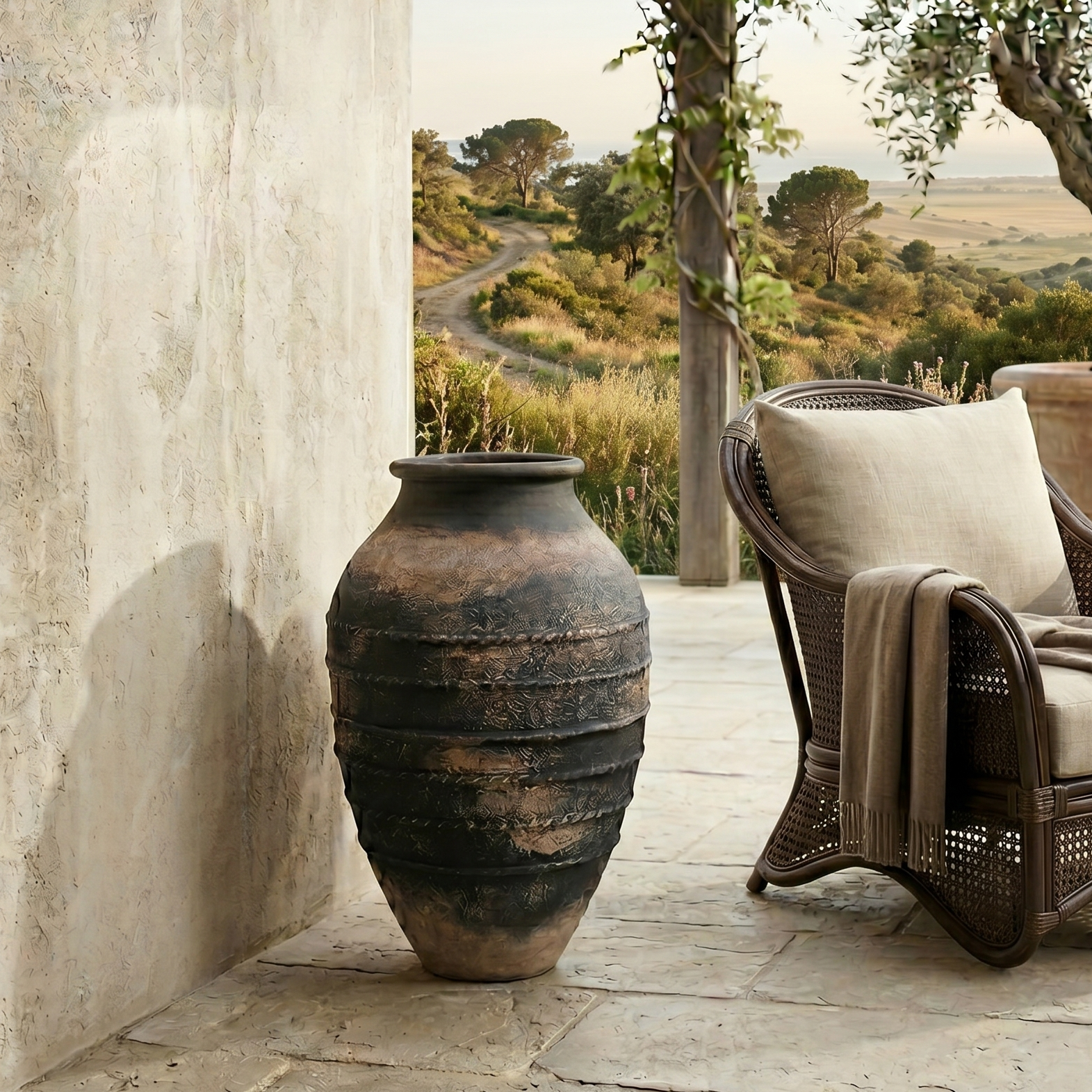 Wicker chair with a blanket next to a large urn on a stone patio with a scenic view.