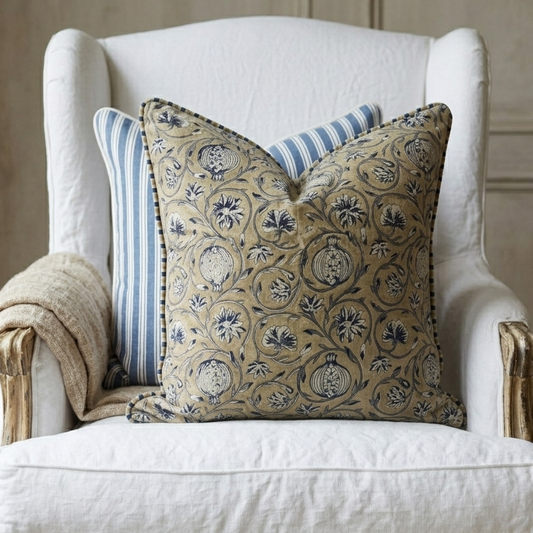 Tangier Pomegranate Beige & Blue Cotton Cushion - 50cm x 50cm