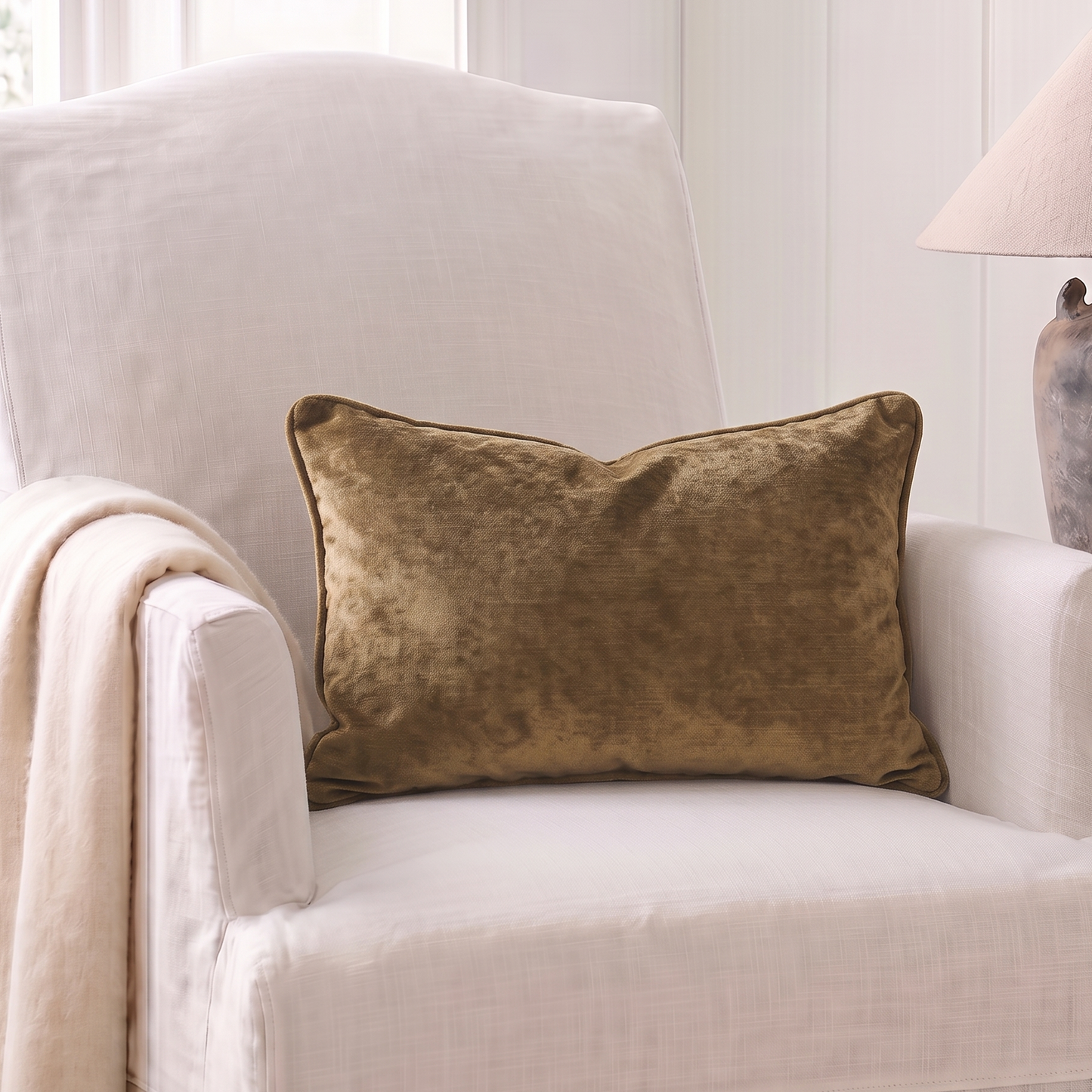 A square olive-brown velvet throw pillow resting on a white upholstered armchair in a bright, neutral room setting with a lamp on a side table.