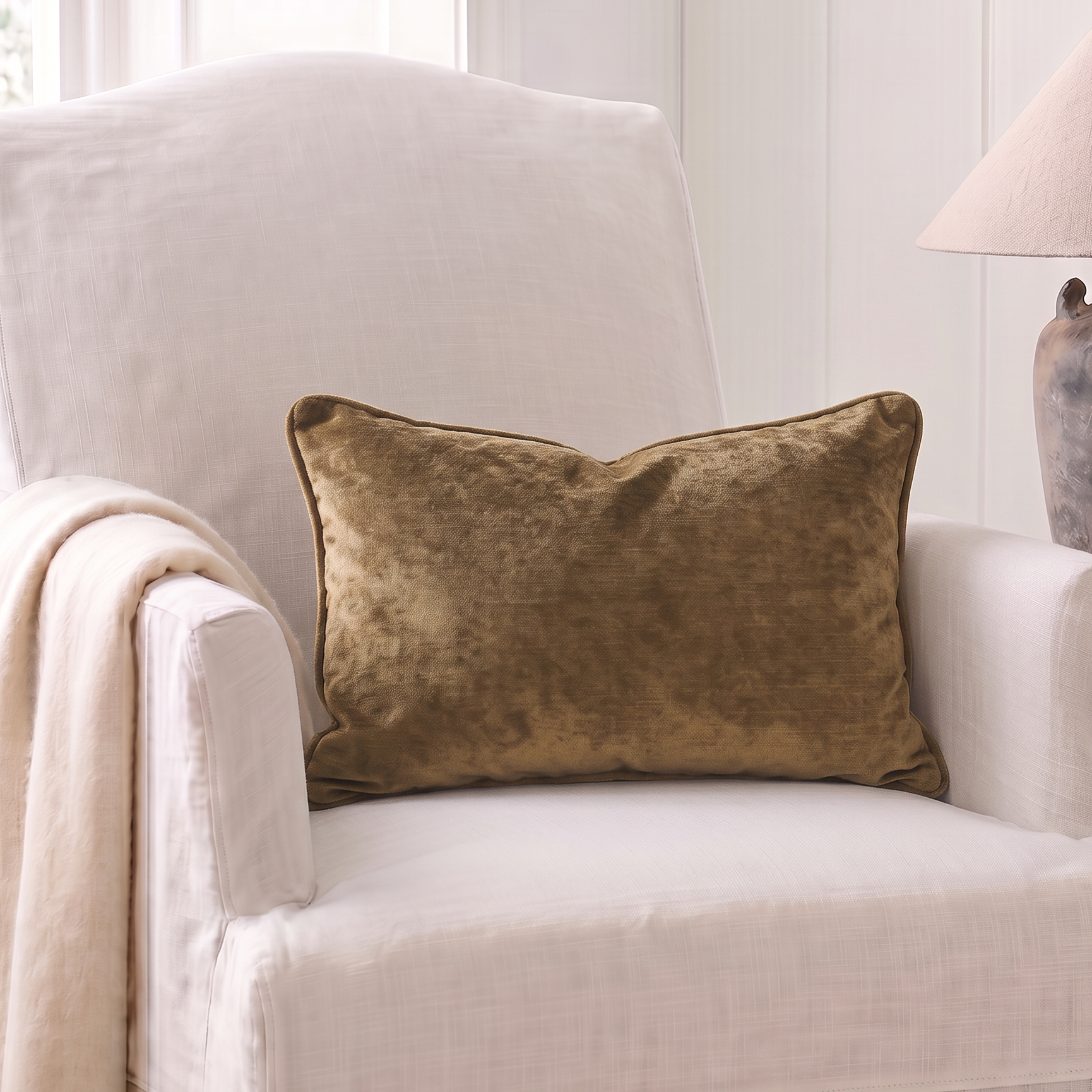 A square olive-brown velvet throw pillow resting on a white upholstered armchair in a bright, neutral room setting with a lamp on a side table.
