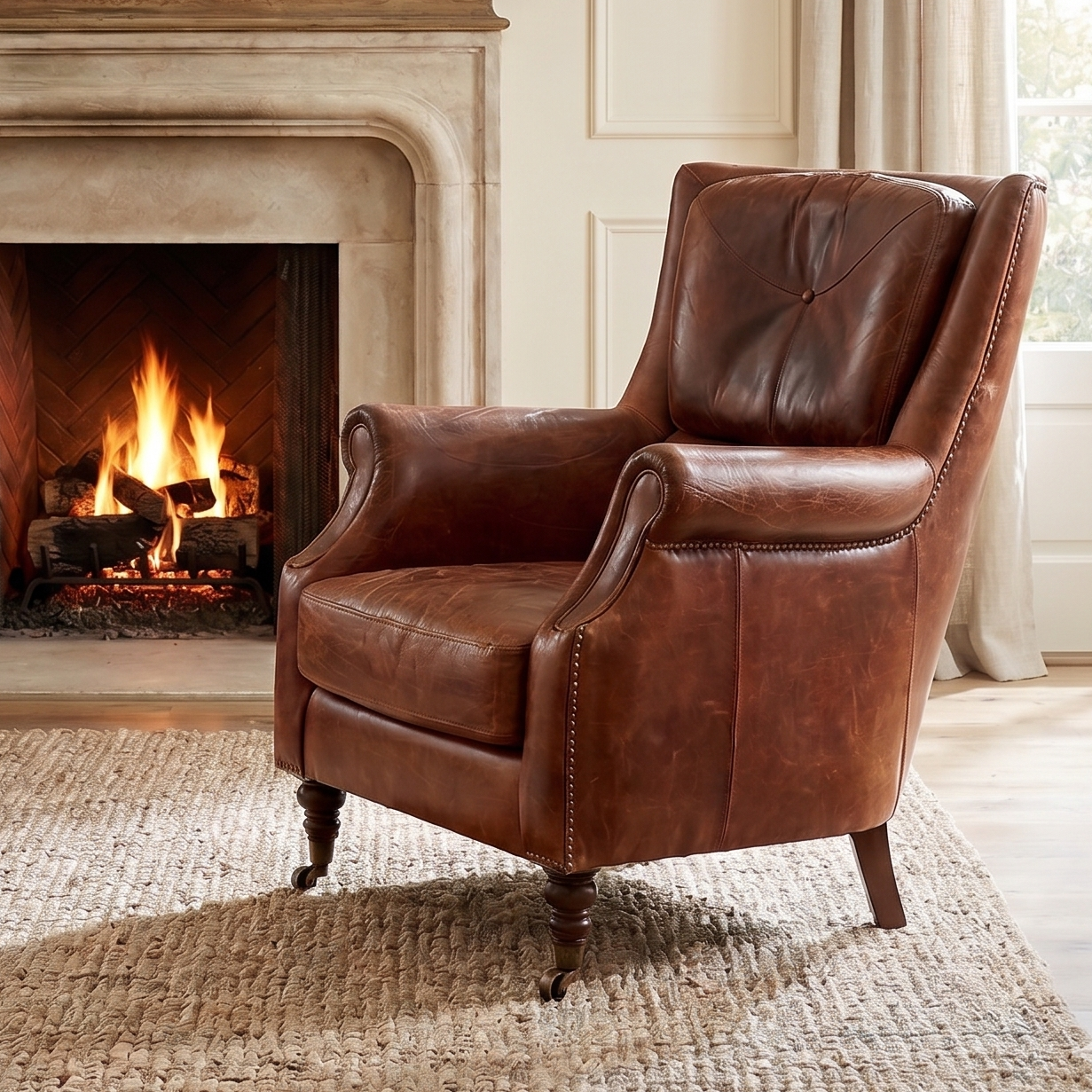 Brown leather armchair in front of a fireplace in a cozy living room.