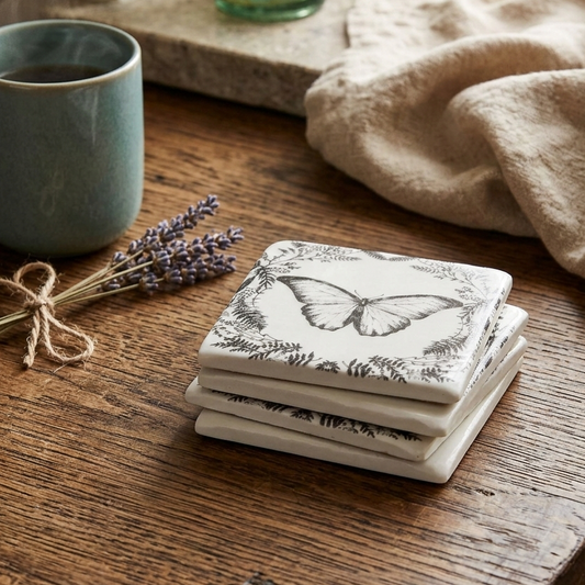 Stack of butterfly-themed coasters on a wooden surface with a mug and lavender.