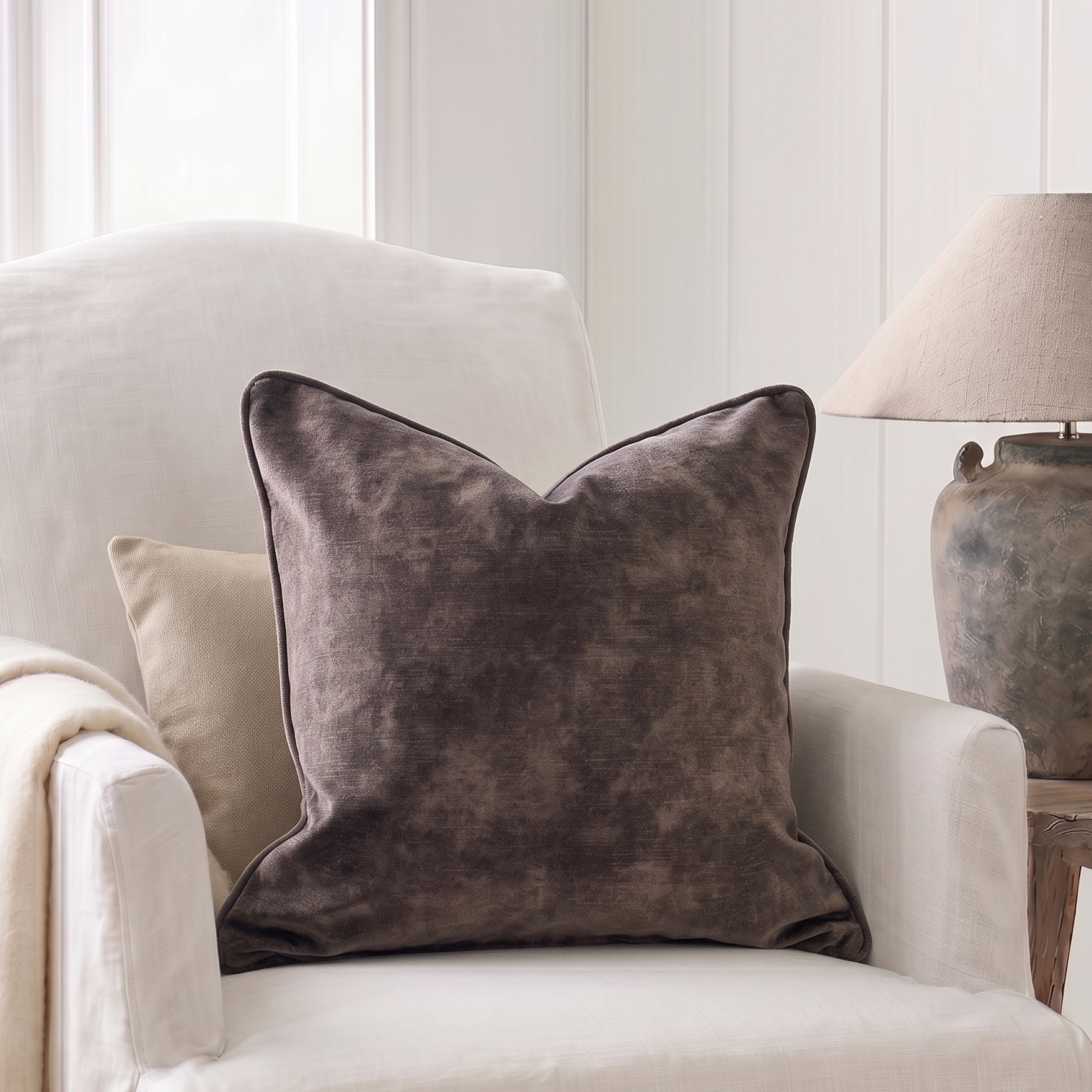 A square throw pillow in a textured, mottled dark brown or charcoal gray velvet fabric, styled on a cream-colored armchair next to a neutral lamp.