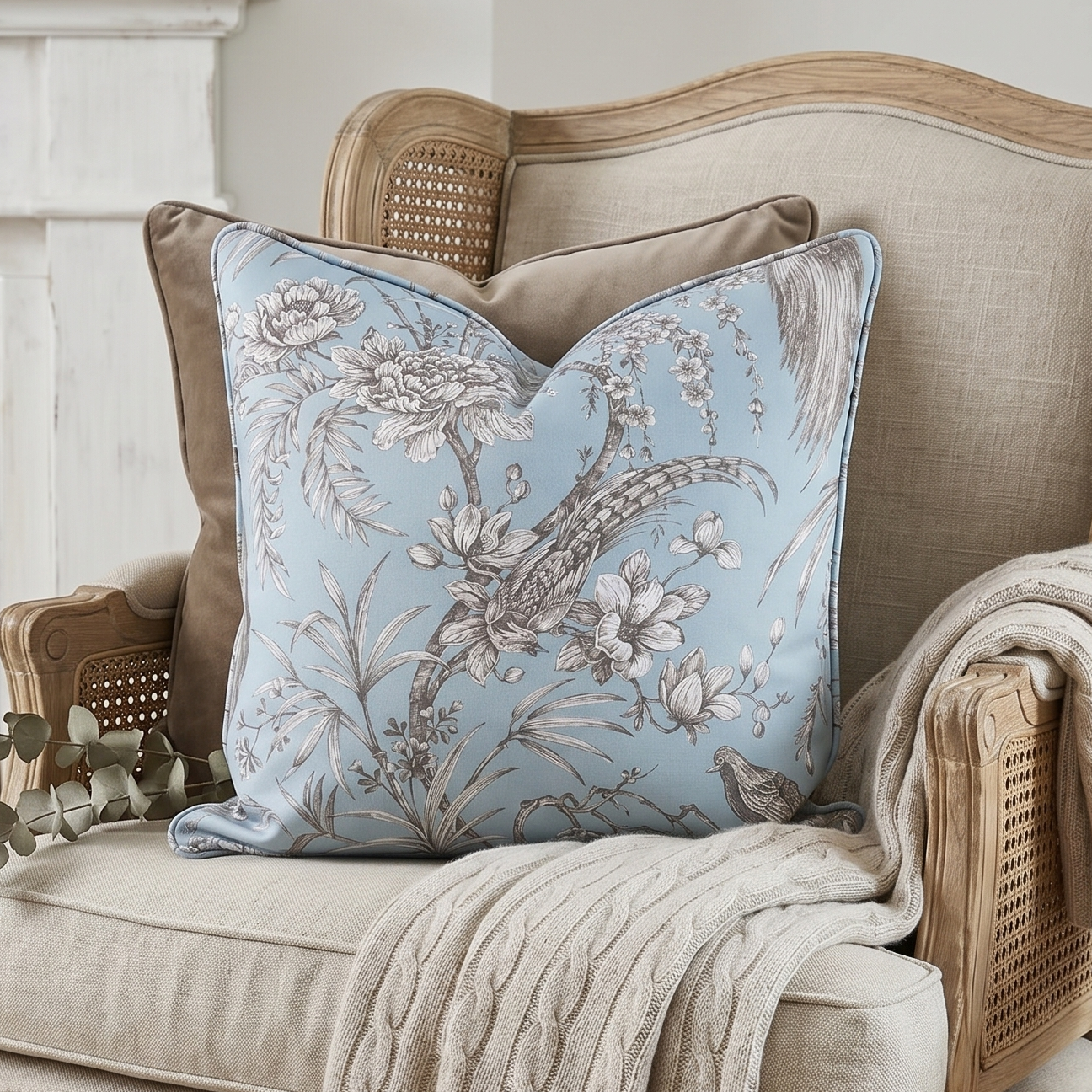 Decorative pillow on a chair with a fireplace and candle in the background