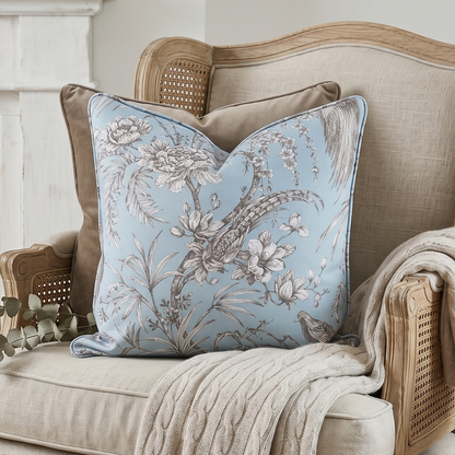 Decorative pillow on a chair with a fireplace and candle in the background