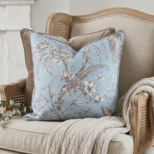 Decorative pillow on a chair with a fireplace and candle in the background