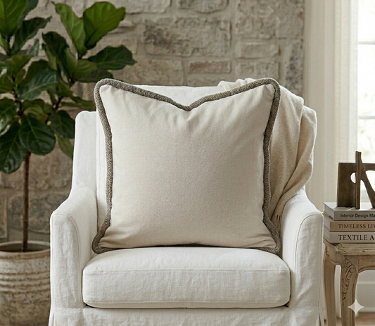 Beige armchair with a decorative pillow in a home setting