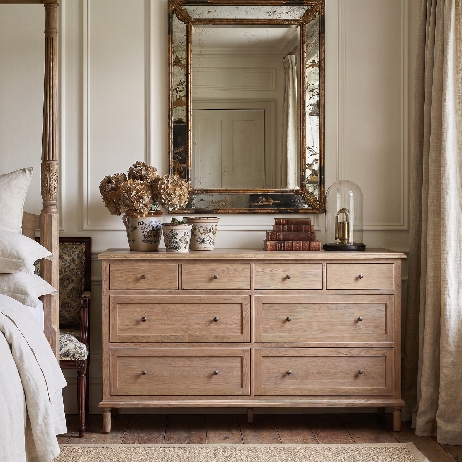 Bedroom with wooden four-poster bed and dresser, featuring decorative items.