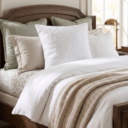 Neatly made bed with decorative pillows and a blanket in a bedroom setting.