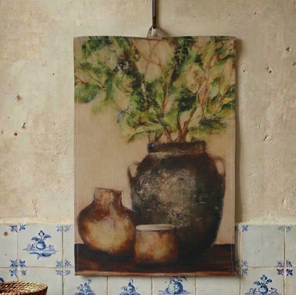 Painting of vases and plants on a textured wall with tiled baseboard