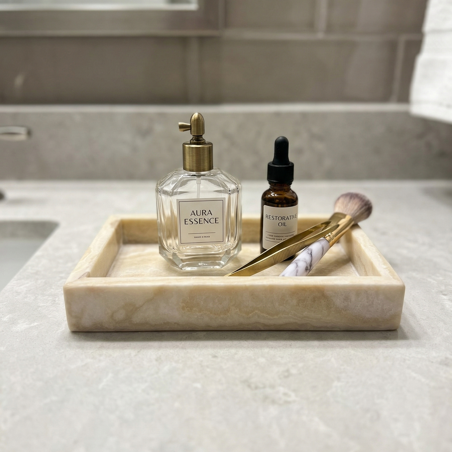 Bathroom counter with a marble tray holding a bottle labeled 'Aura Essence', a dropper bottle, and a makeup brush.