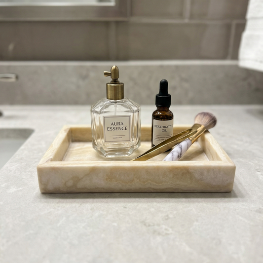 Bathroom counter with a marble tray holding a bottle labeled 'Aura Essence', a dropper bottle, and a makeup brush.