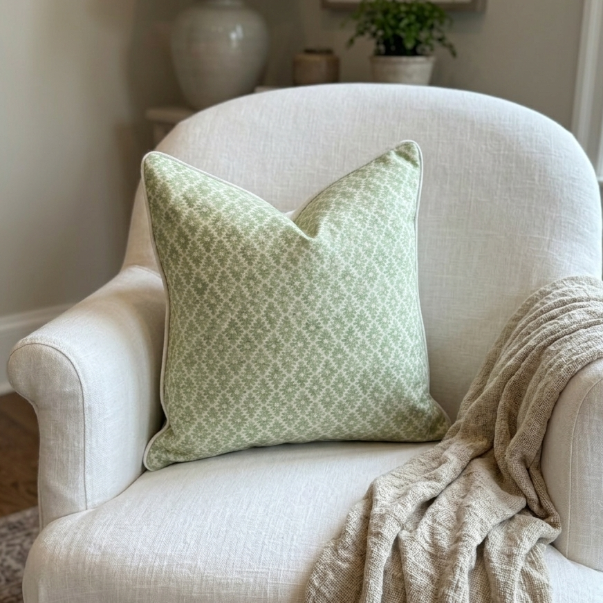 White armchair with a green patterned pillow and beige blanket in a cozy room.