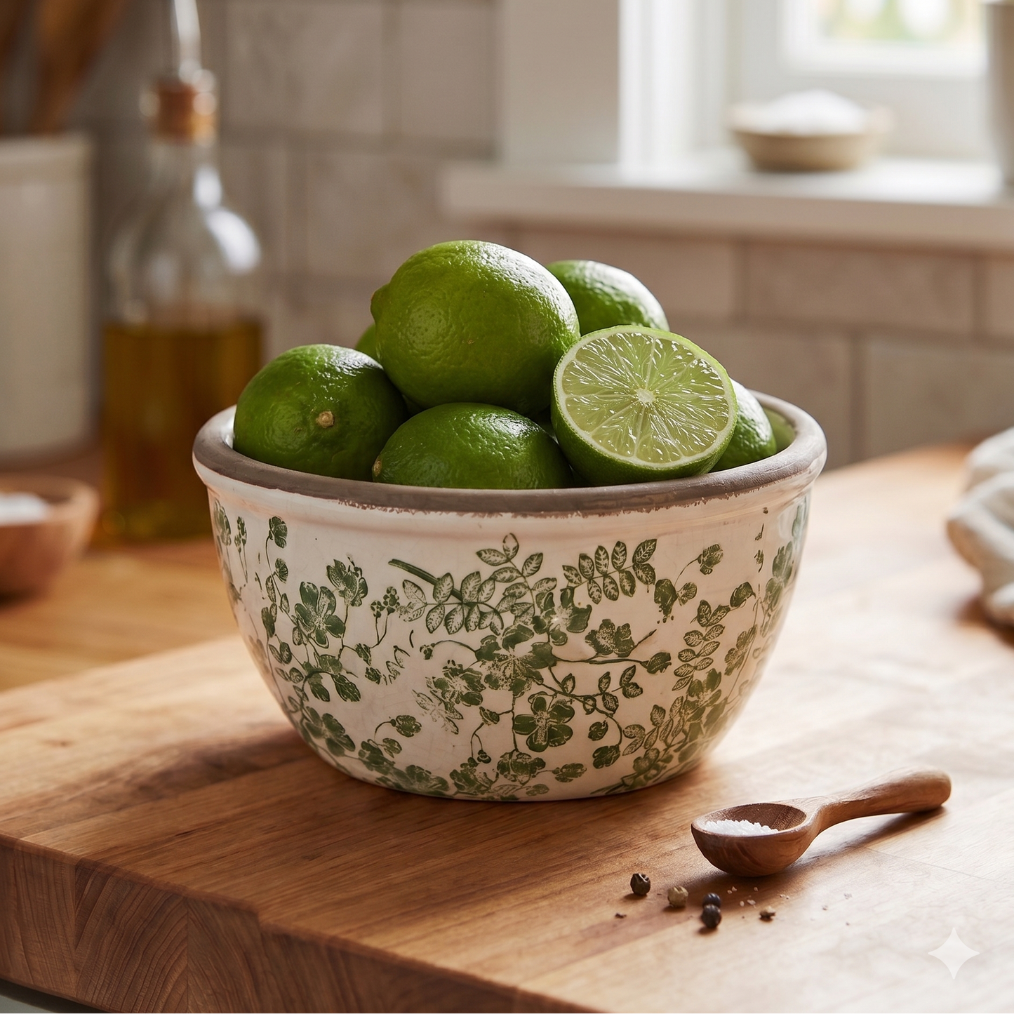 Bowl of limes on a wooden cutting board in a kitchen setting
