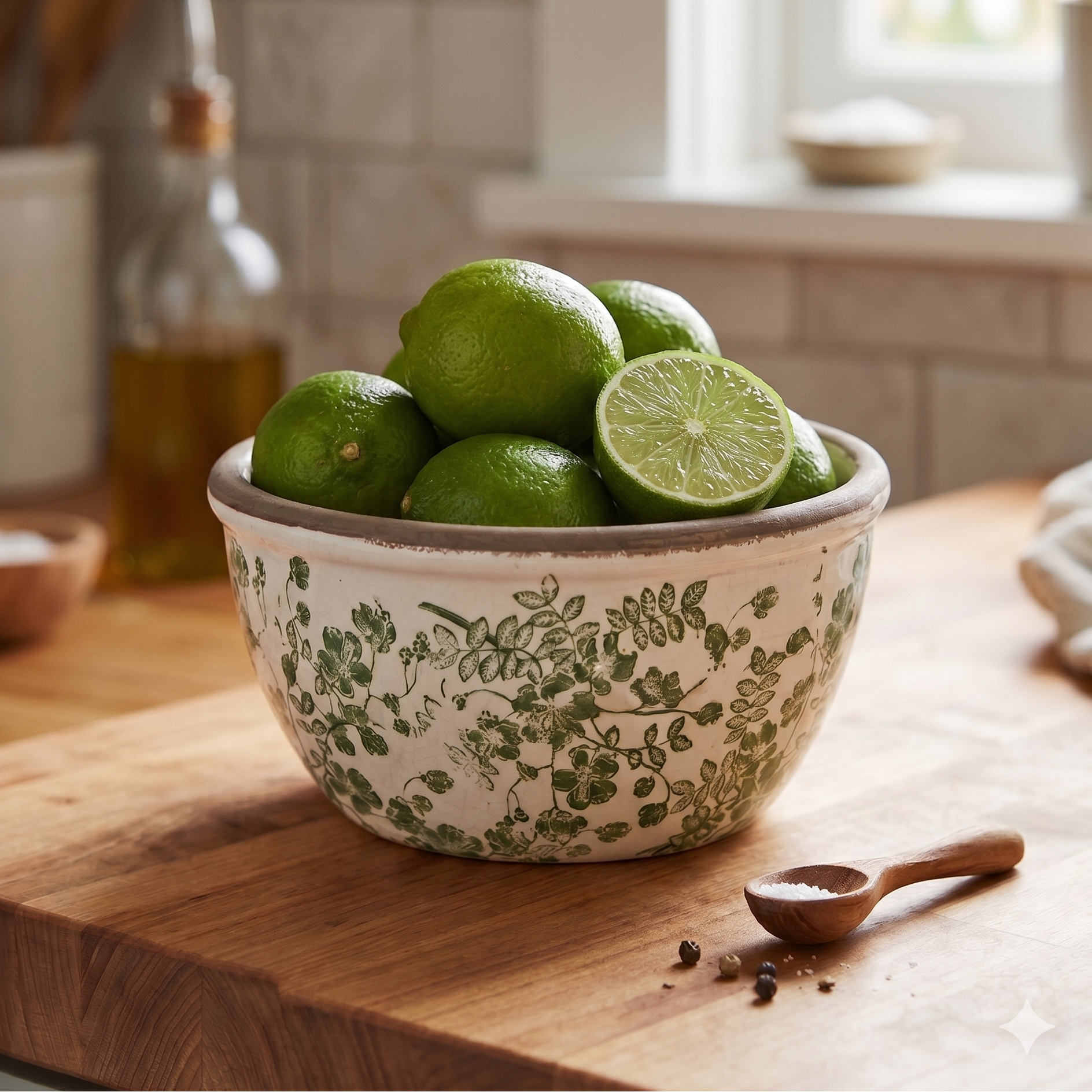 Bowl of limes on a wooden cutting board in a kitchen setting