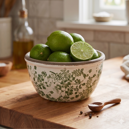 Bowl of limes on a wooden cutting board in a kitchen setting