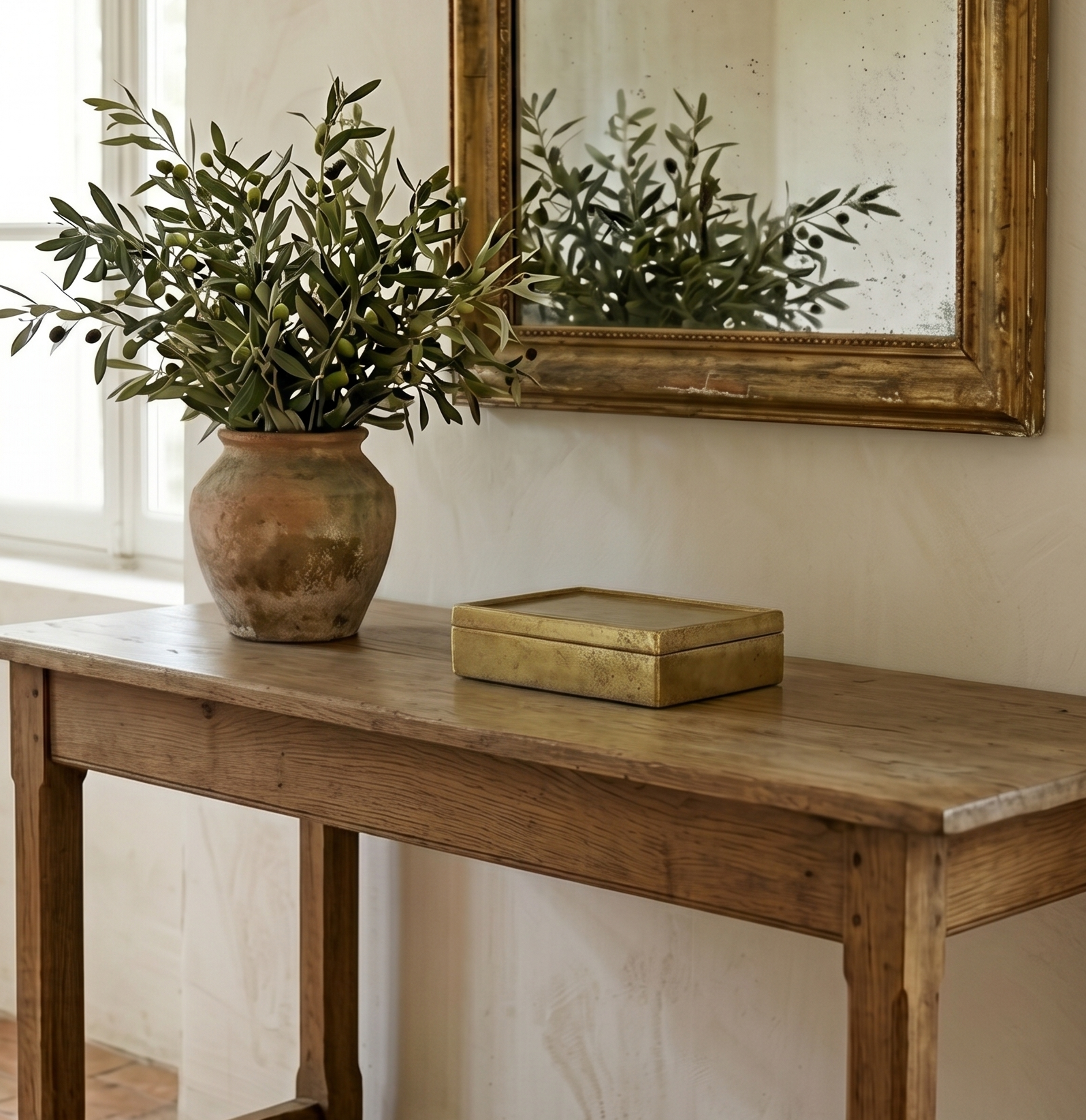 Wooden table with a vase of greenery and a box, reflected in a wooden-framed mirror on a beige wall.