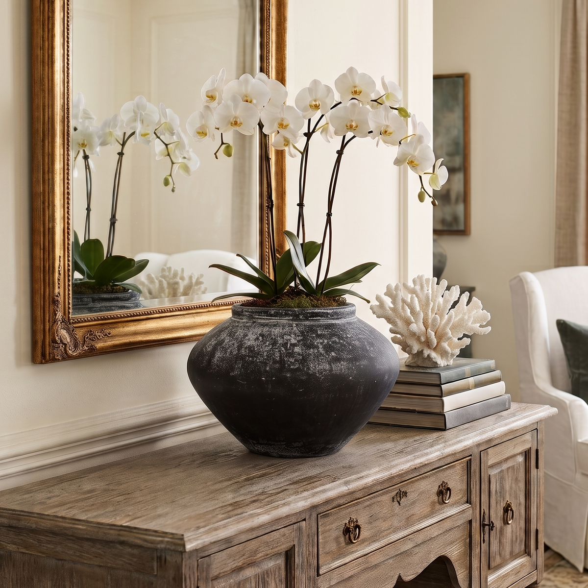 Living room with wooden console table, vase with flowers, and armchair.