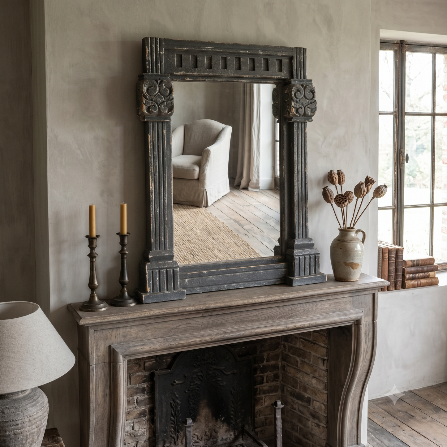 Sarlat Hand Carved Teak Distressed Grey Mirror