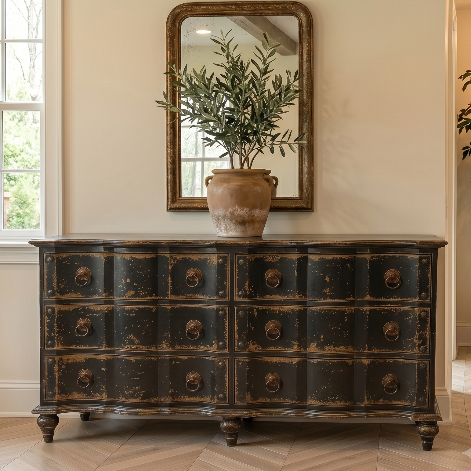 Vintage-style dresser with a mirror and potted plant in a room with wooden flooring.