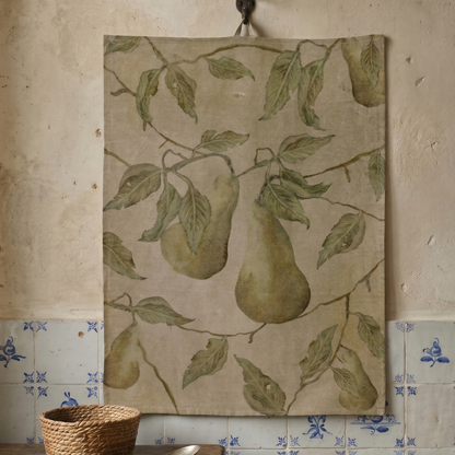 Canvas print of pears on a wall with a rustic decor setting