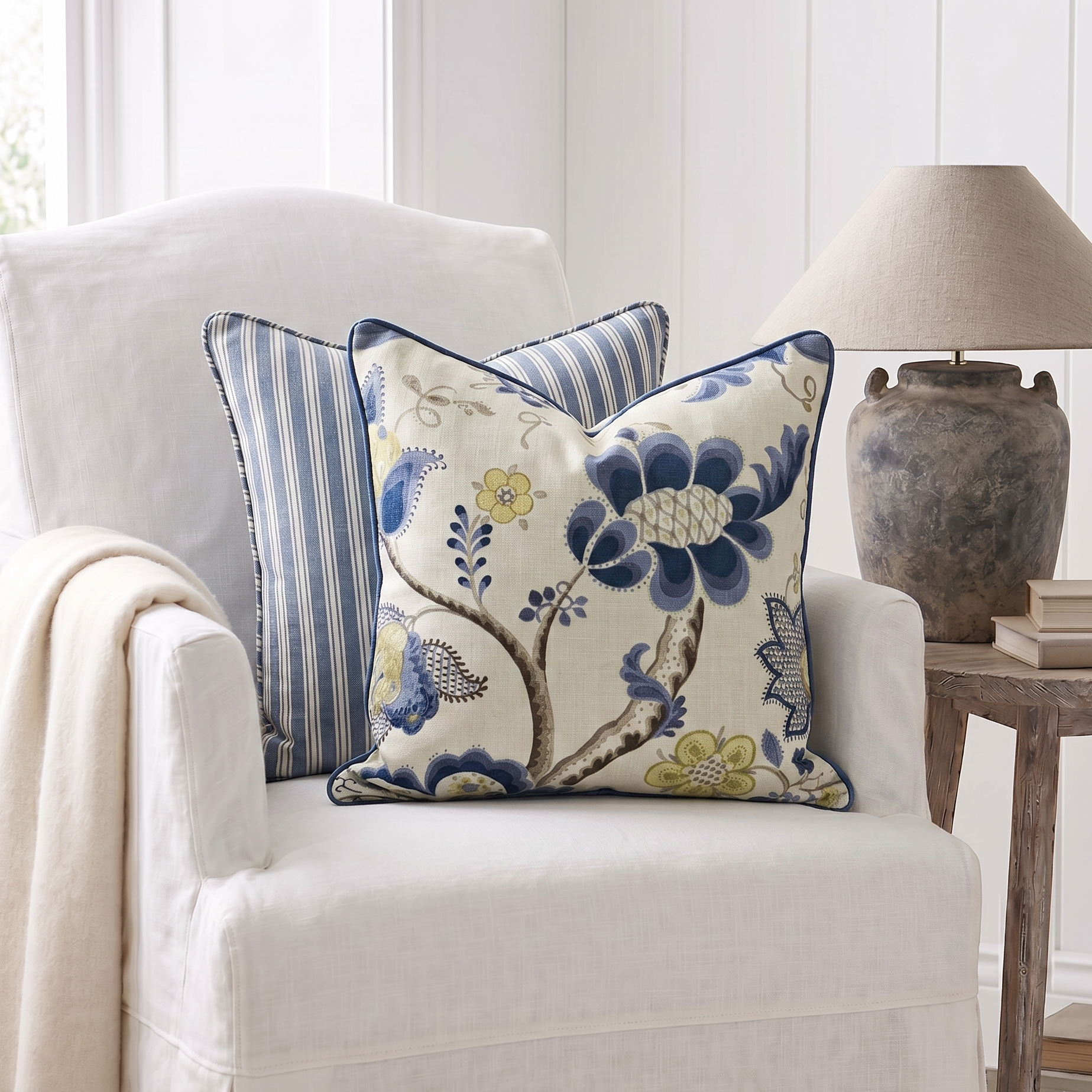 Decorative pillows on a white armchair with a lamp and vase in the background