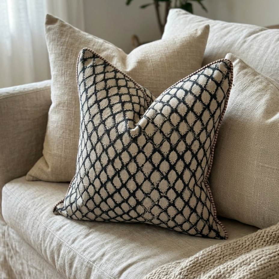 Cypress Navy Blue Block Printed Linen Cushion 50cm x 50cm