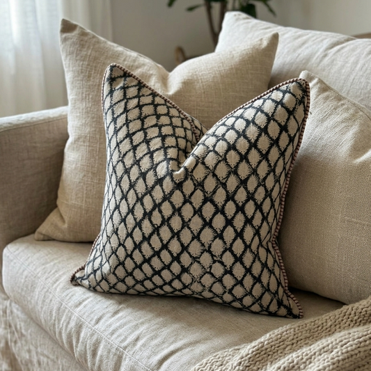 Cypress Navy Blue Block Printed Linen Cushion 50cm x 50cm