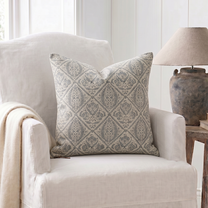 Jaipur Dusty Blue Block Print 100% Linen Cushion - 50cm x 50cm