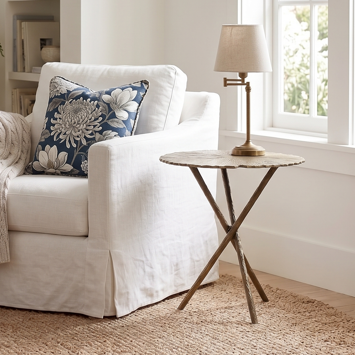 Cozy living room with a white armchair, floral pillow, and side table.