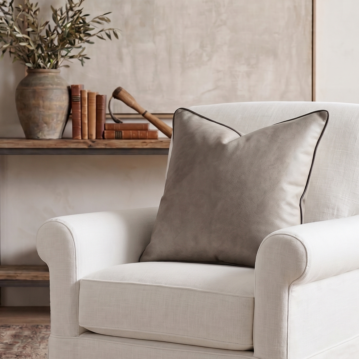 Beige armchair with a gray pillow in a cozy living room setting.