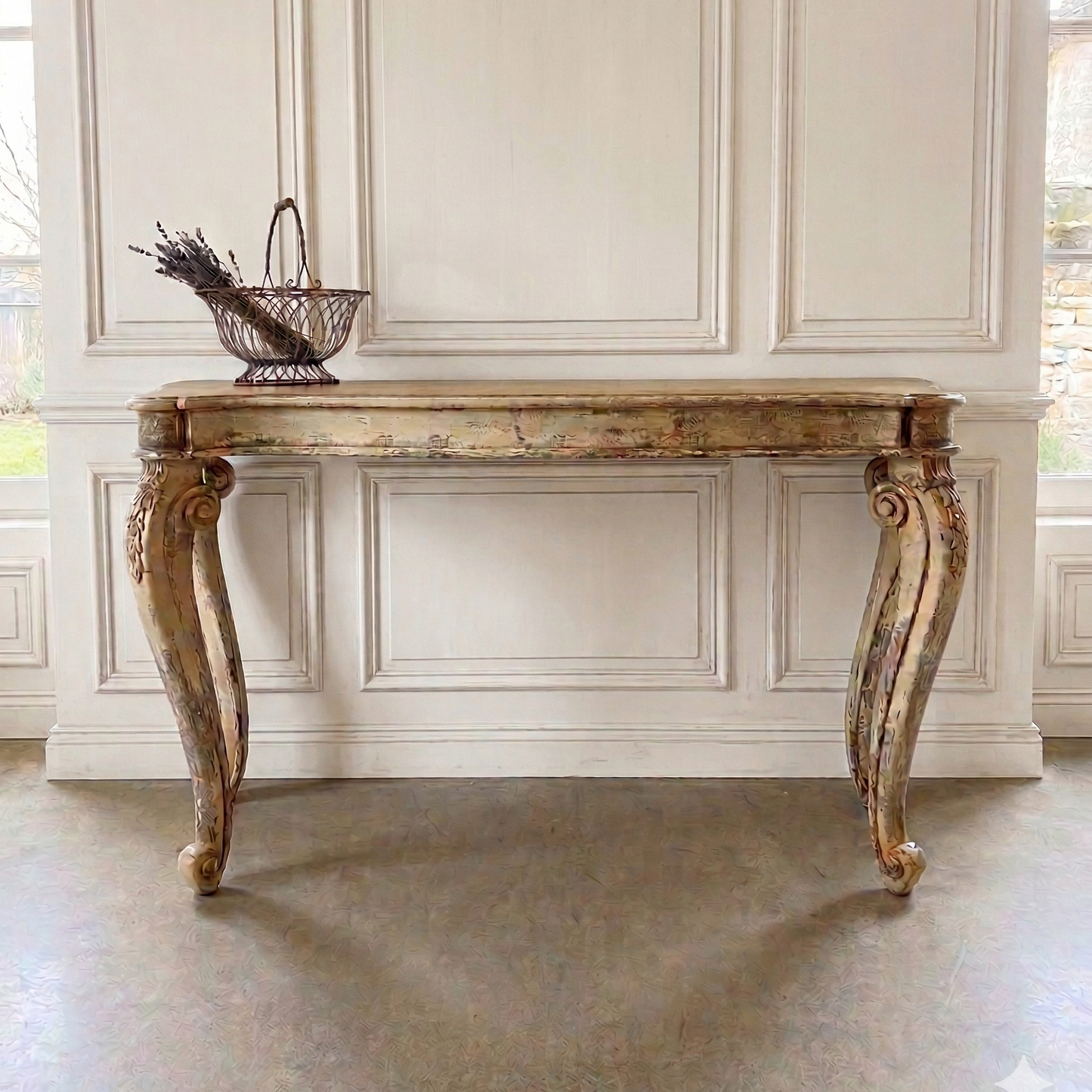 Odette Distressed Hand Carved Mahogany Console Table