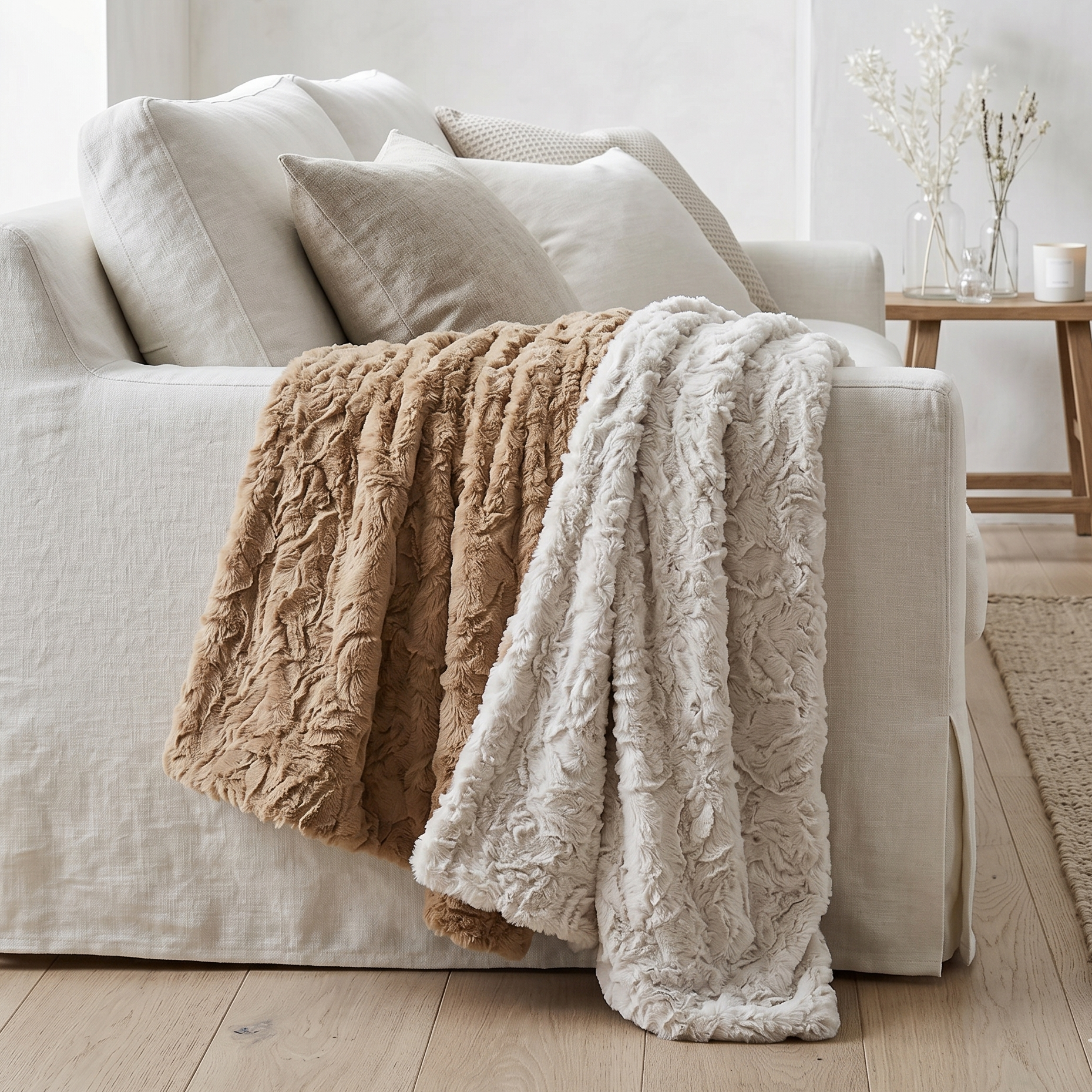  textured throw blankets in beige and cream draped over a sofa in a living room setting.