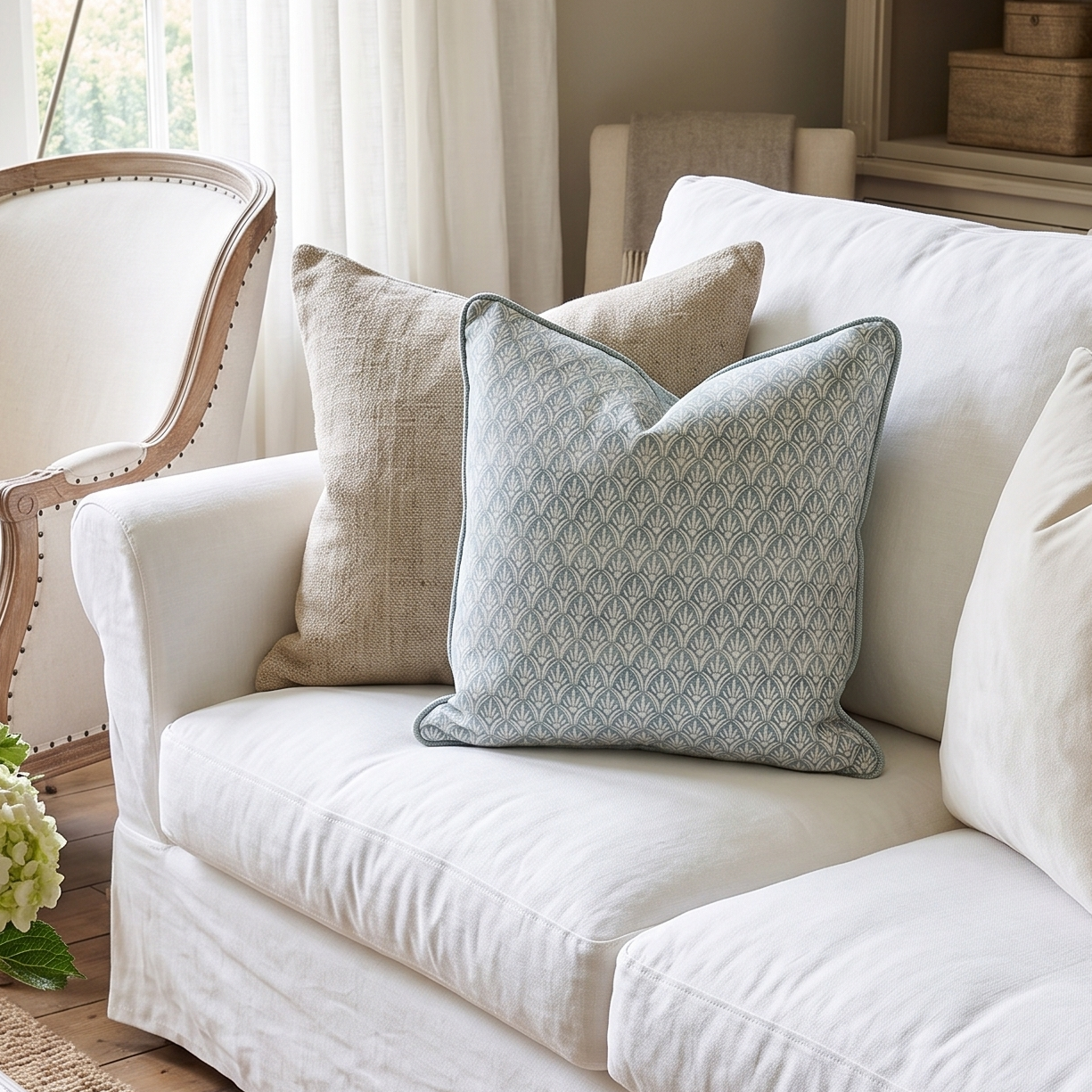 Living room with a white sofa, decorative pillows, and a coffee table with books and flowers.