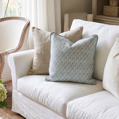 Living room with a white sofa, decorative pillows, and a coffee table with books and flowers.