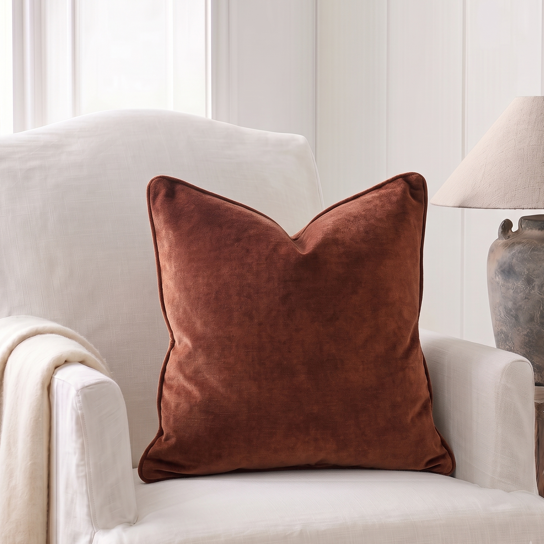 A square rust-brown velvet throw pillow displayed on a white armchair in a bright, modern living room setting.