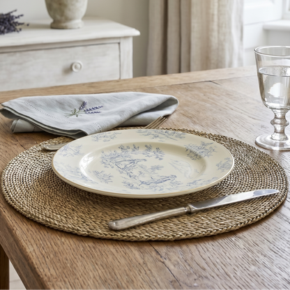 Dining table setting with a plate, glass, and cutlery on a woven placemat.