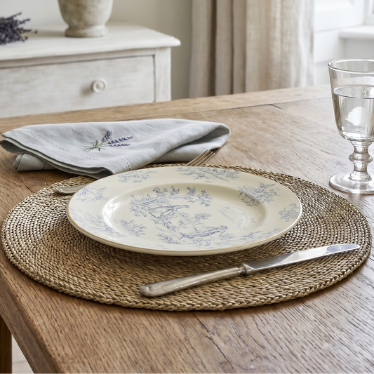 Dining table setting with a plate, glass, and cutlery on a woven placemat.