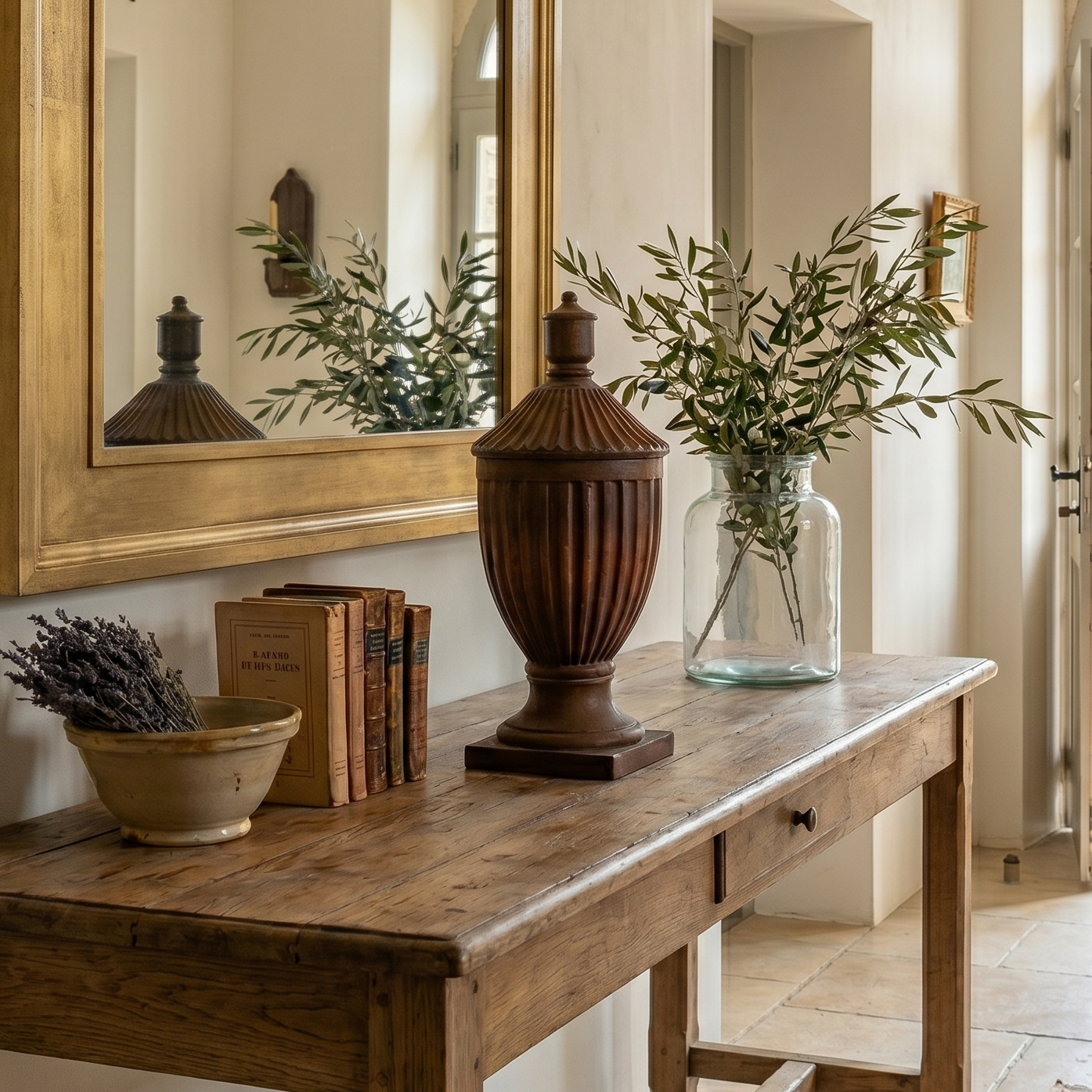 Wooden console table with decorative items in a room with a large mirror and open door.