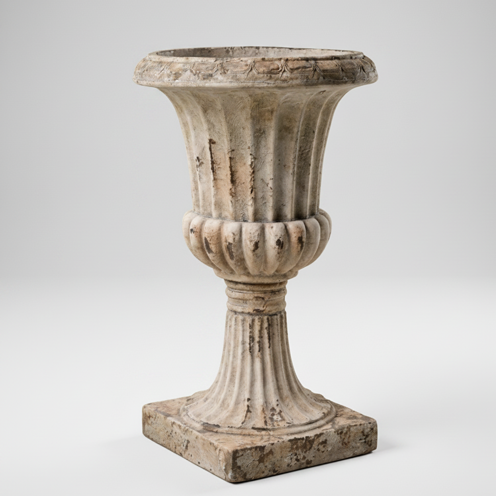 Decorative stone urn on a gray background