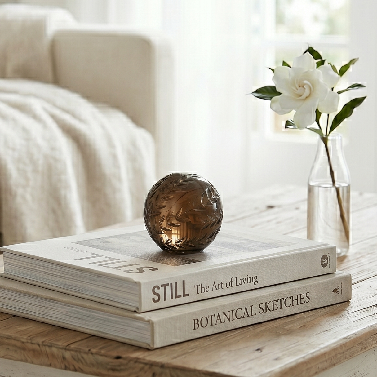 Cozy living room with a wooden coffee table featuring books and a decorative object.