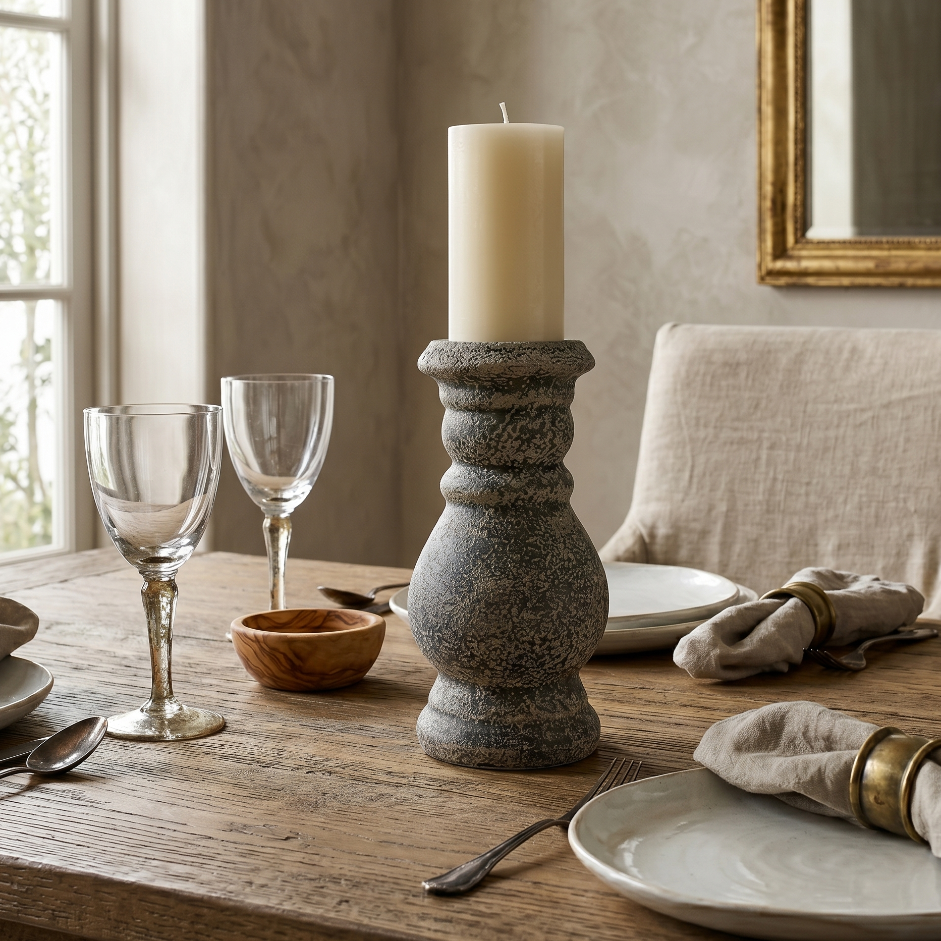 Dining table setting with candle holder, plates, and glasses in a cozy room.